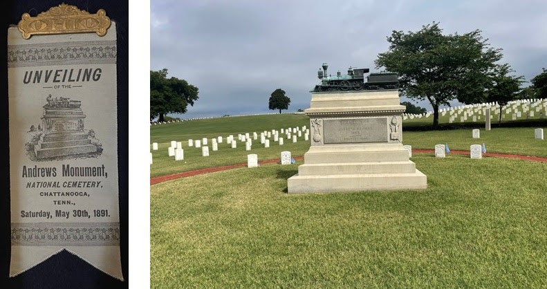 This photo shows the original ribbon from the dedication of the Ohio Andrews's Raiders Monument that was erected by the State of Ohio which is located at Chattanooga National Cemetery.